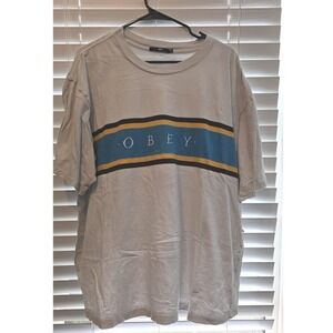 Obey Mens XL T-Shirt Grey Blue Yellow Stripe Embroidered Logo Streetwear Tee